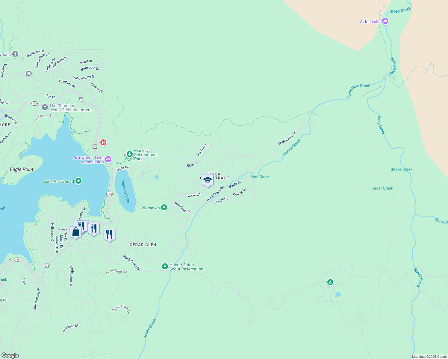 map of restaurants, bars, coffee shops, grocery stores, and more near Eucalyptus Road in Lake Arrowhead