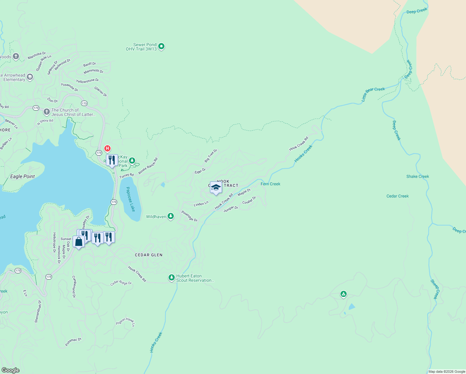 map of restaurants, bars, coffee shops, grocery stores, and more near 647 Eucalyptus Road in Lake Arrowhead