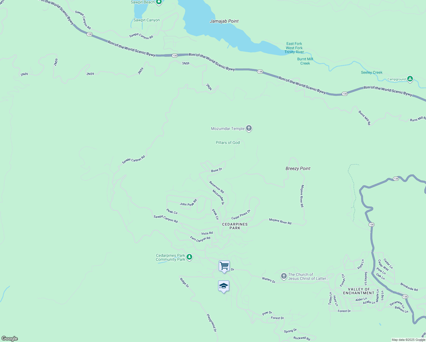 map of restaurants, bars, coffee shops, grocery stores, and more near Bone Drive in Crestline