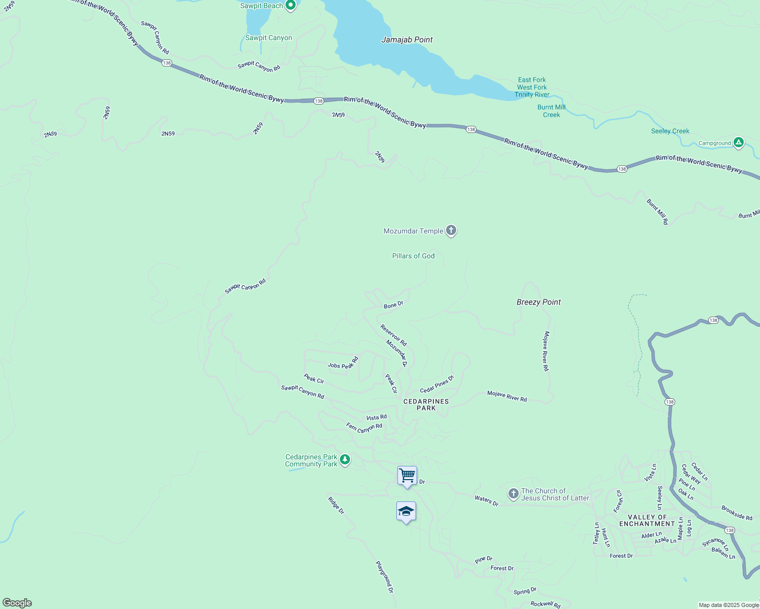map of restaurants, bars, coffee shops, grocery stores, and more near Bone Drive in Crestline