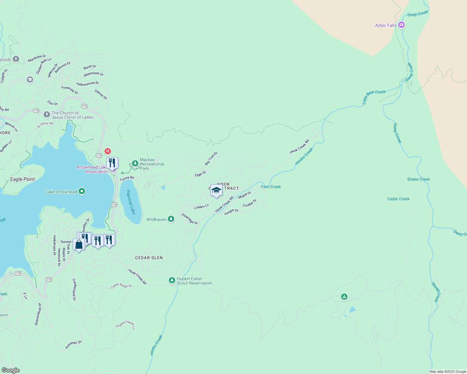 map of restaurants, bars, coffee shops, grocery stores, and more near Eucalyptus Road in Lake Arrowhead