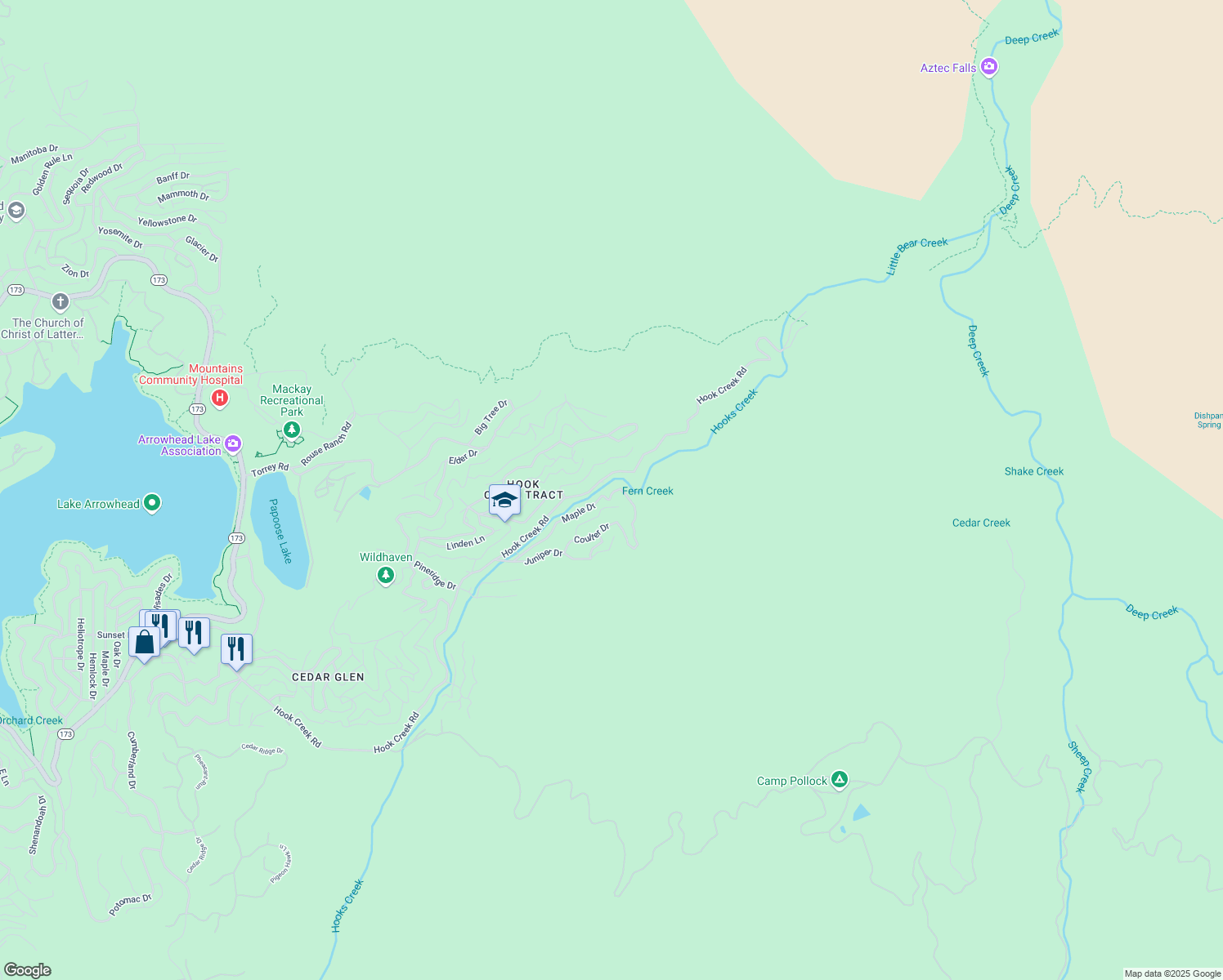 map of restaurants, bars, coffee shops, grocery stores, and more near 658 Maple Drive in Lake Arrowhead