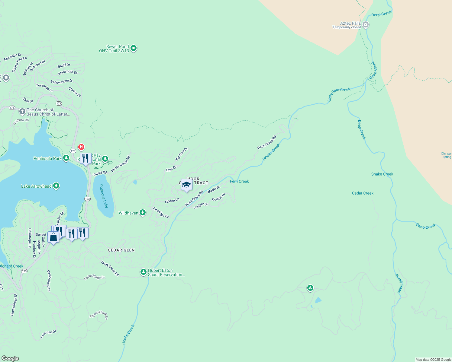 map of restaurants, bars, coffee shops, grocery stores, and more near 658 Maple Drive in Lake Arrowhead