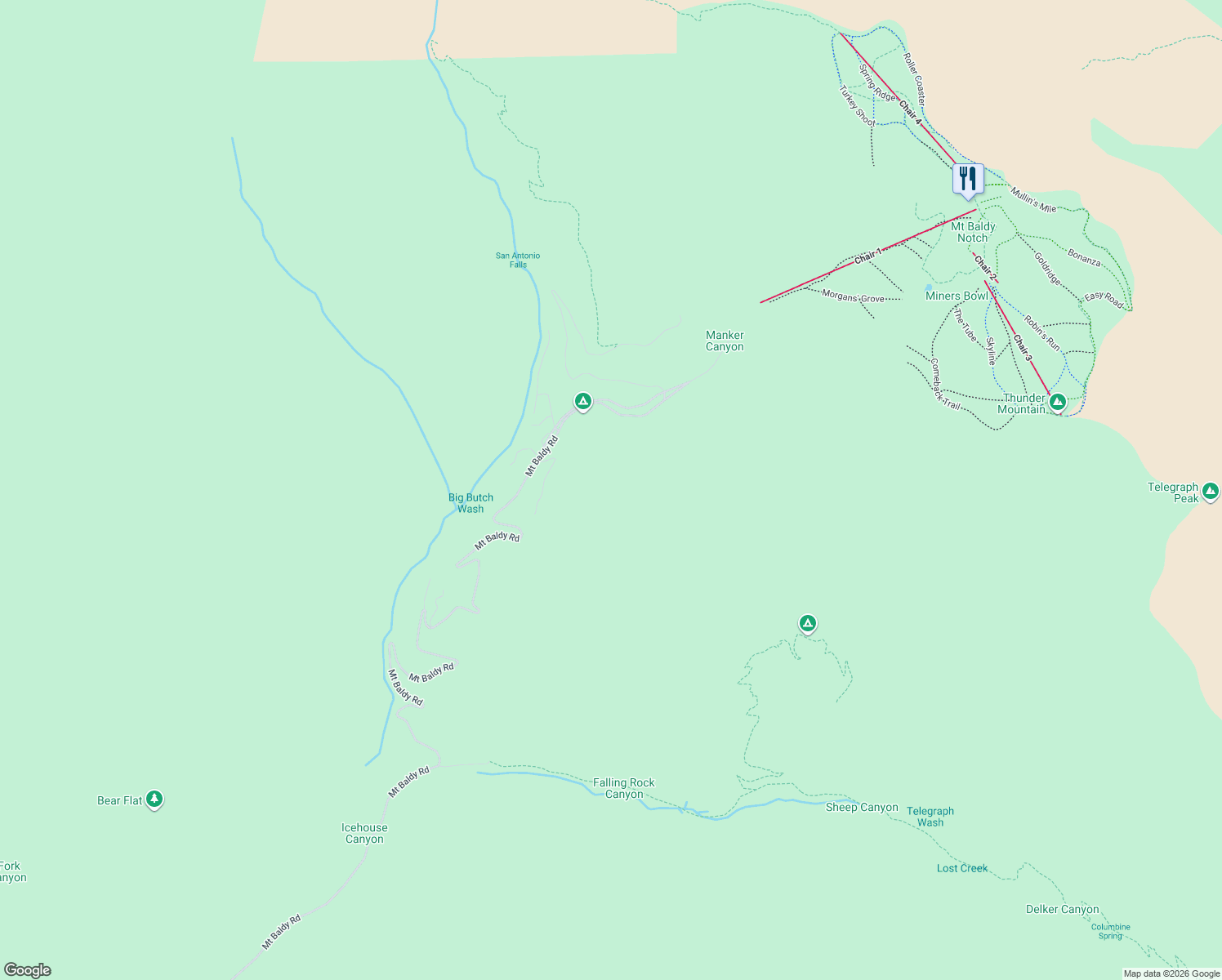 map of restaurants, bars, coffee shops, grocery stores, and more near 73 Upper San Antonio in Mount Baldy