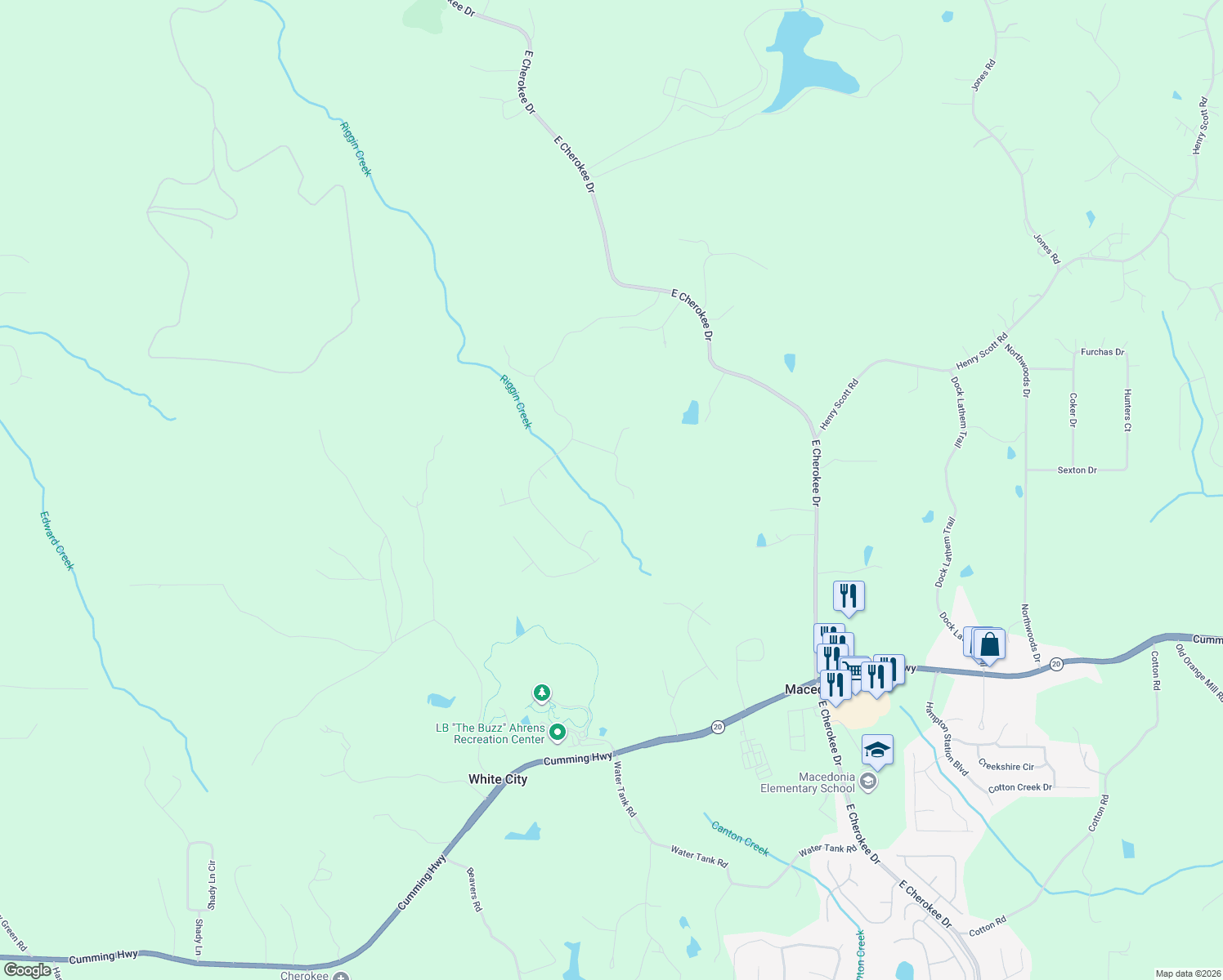 map of restaurants, bars, coffee shops, grocery stores, and more near 212 Saddlehorn Trail in Ball Ground