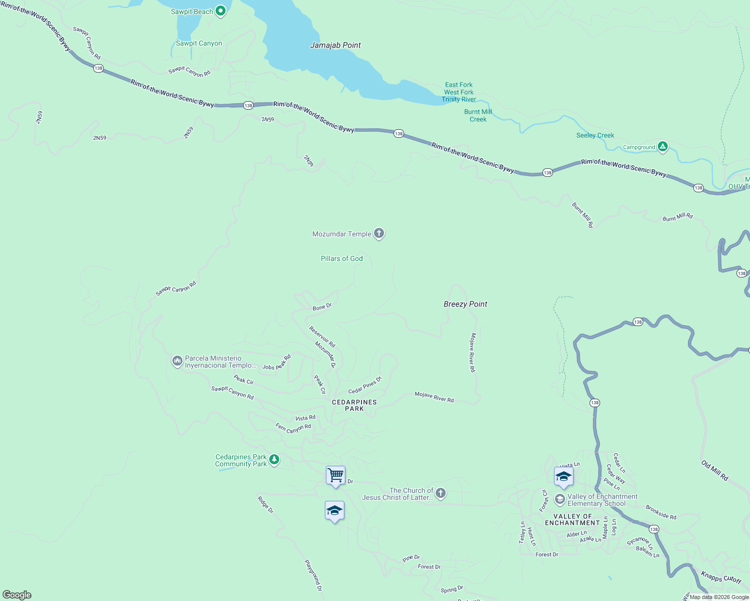 map of restaurants, bars, coffee shops, grocery stores, and more near Mojave River Road in Crestline