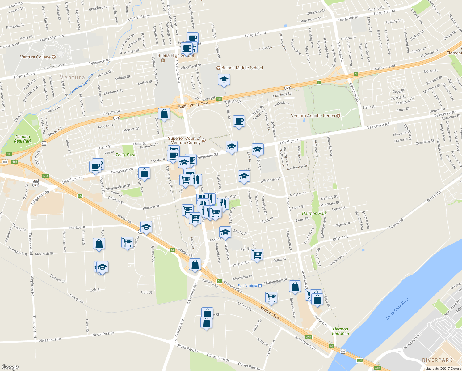 map of restaurants, bars, coffee shops, grocery stores, and more near 6324 Oriole Street in Ventura