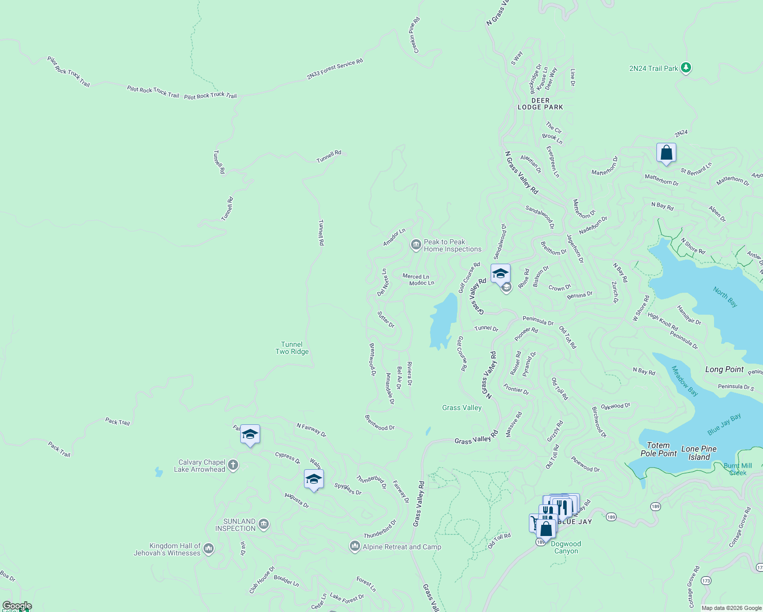 map of restaurants, bars, coffee shops, grocery stores, and more near 695 Sutter Drive in Lake Arrowhead