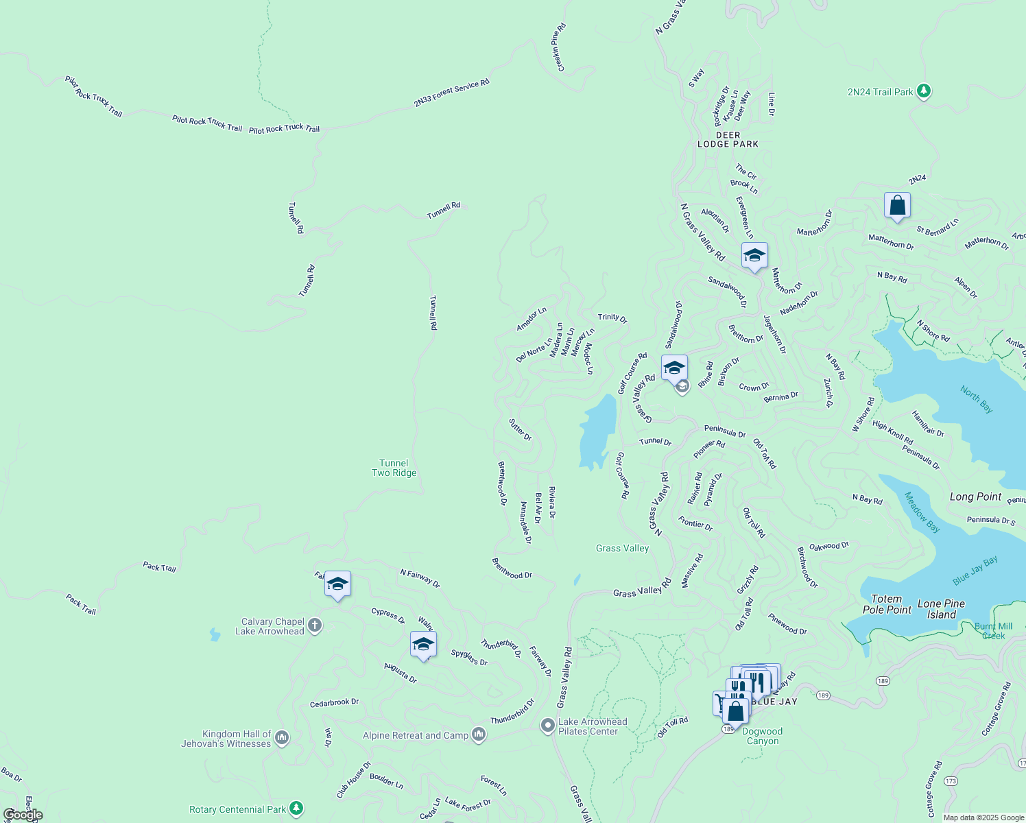 map of restaurants, bars, coffee shops, grocery stores, and more near 695 Sutter Lane in Lake Arrowhead