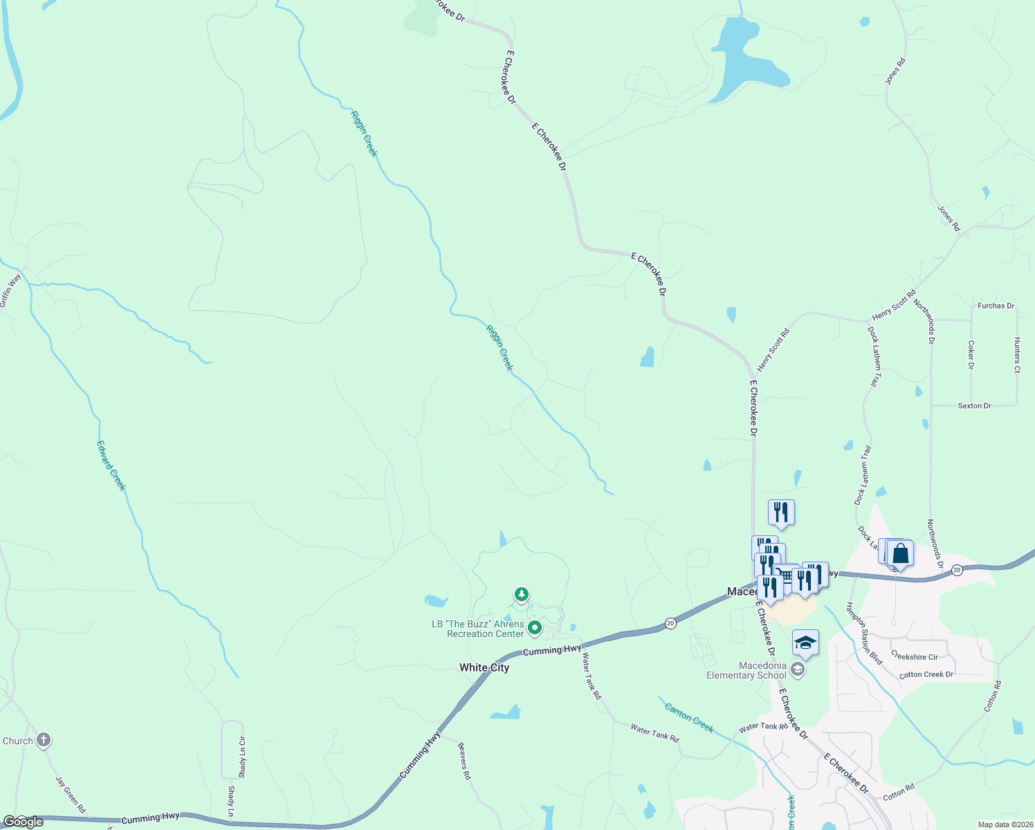 map of restaurants, bars, coffee shops, grocery stores, and more near 155 Creekside Way in Ball Ground