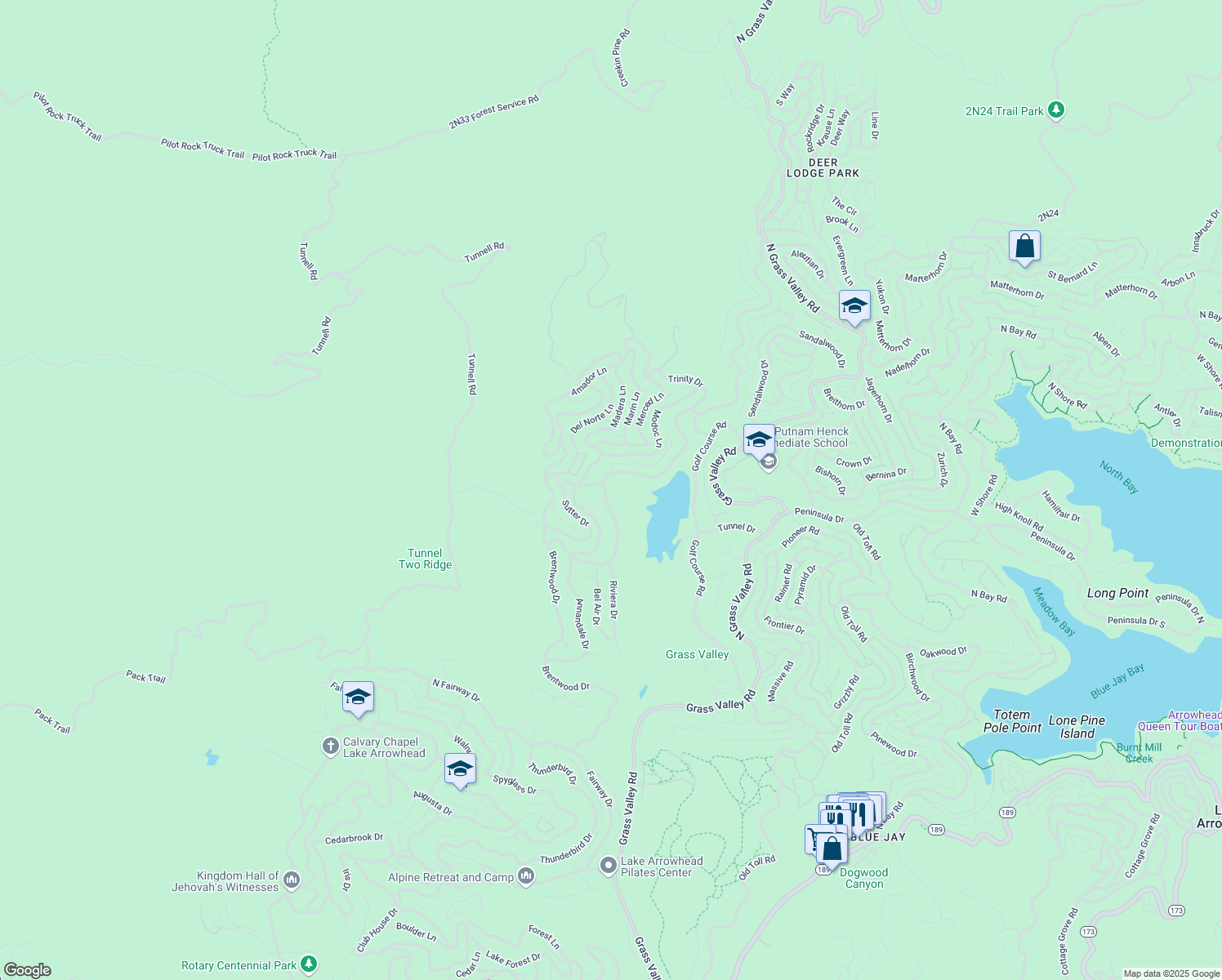 map of restaurants, bars, coffee shops, grocery stores, and more near 699 Brentwood Drive in Lake Arrowhead