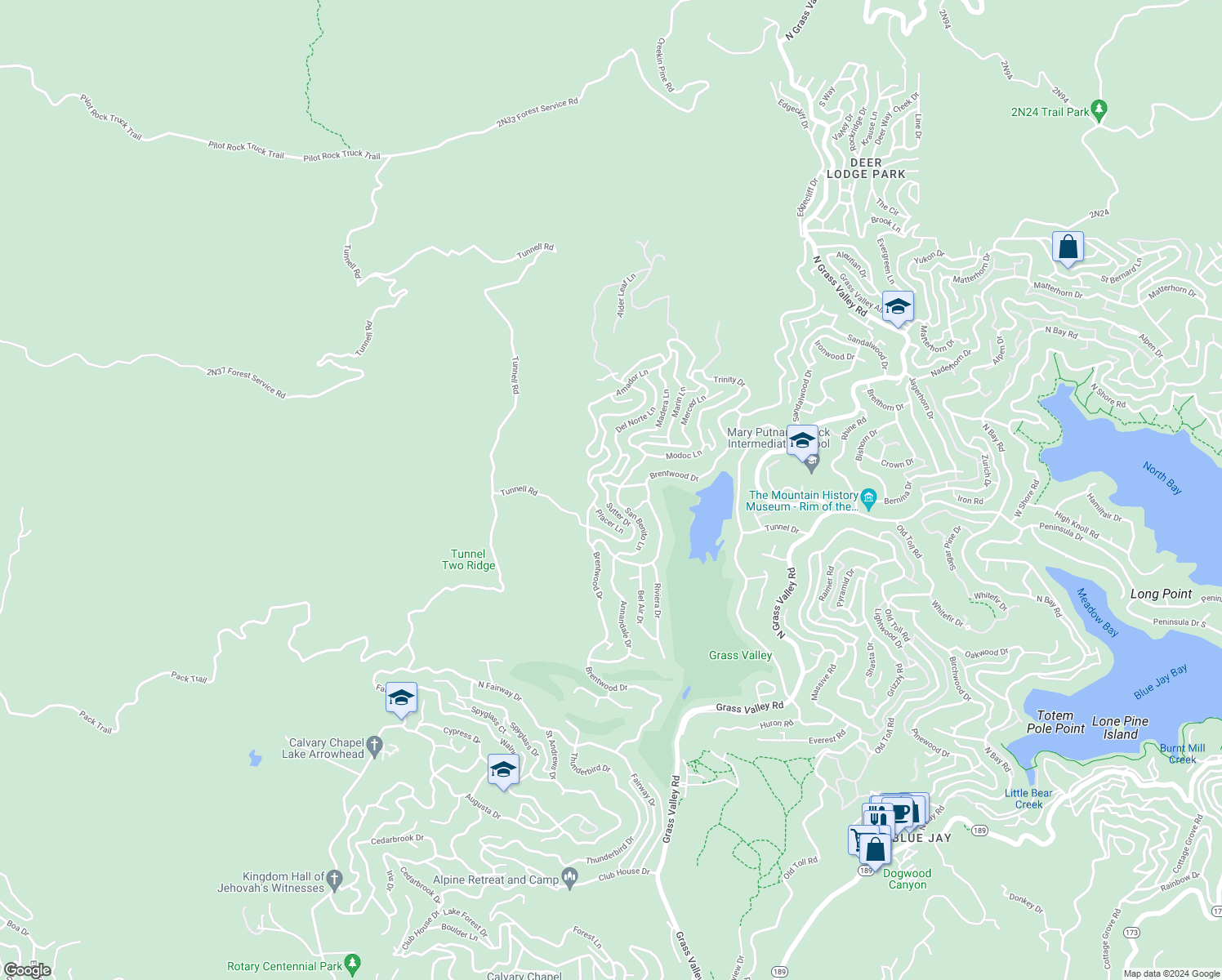 map of restaurants, bars, coffee shops, grocery stores, and more near 695 Sutter Lane in Lake Arrowhead