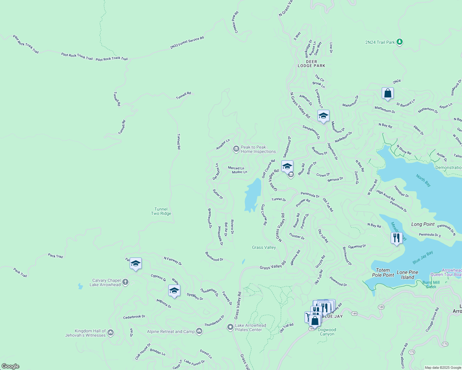 map of restaurants, bars, coffee shops, grocery stores, and more near 699 Brentwood Drive in Lake Arrowhead