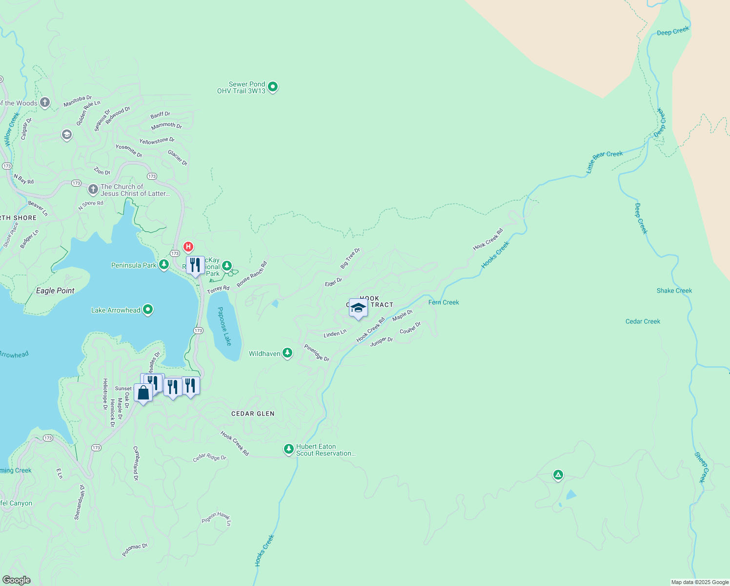map of restaurants, bars, coffee shops, grocery stores, and more near 705 Cypress Road in Lake Arrowhead
