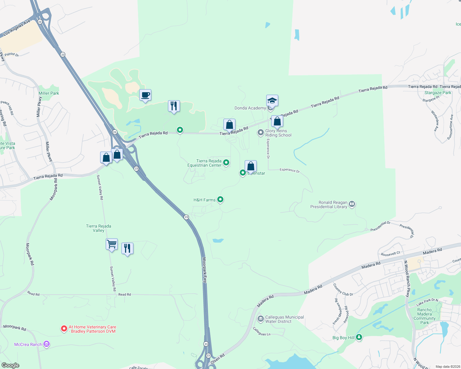 map of restaurants, bars, coffee shops, grocery stores, and more near 15535 LaPeyre Road in Moorpark