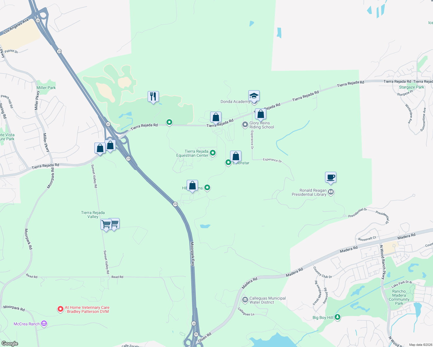 map of restaurants, bars, coffee shops, grocery stores, and more near 15535 LaPeyre Road in Moorpark