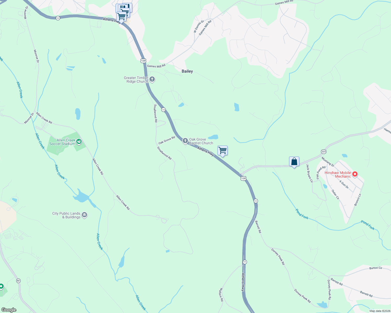 map of restaurants, bars, coffee shops, grocery stores, and more near 2422 Athens Highway in Gainesville