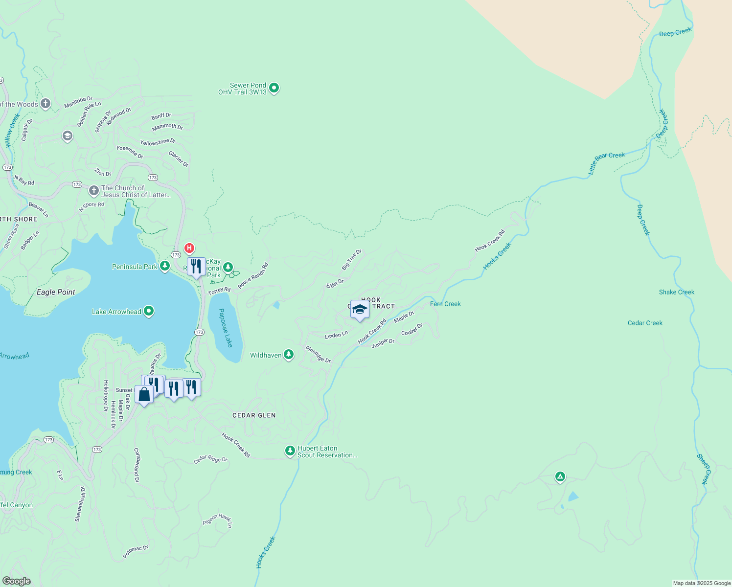 map of restaurants, bars, coffee shops, grocery stores, and more near 705 Cypress Road in Lake Arrowhead