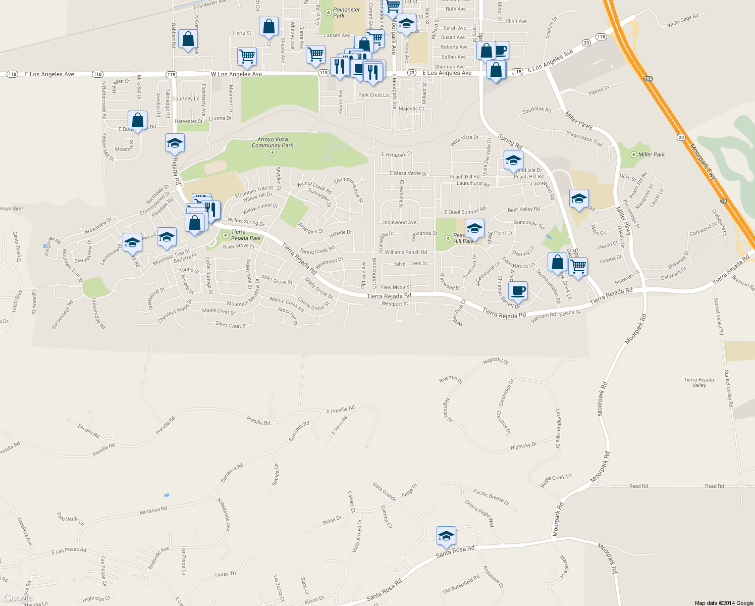map of restaurants, bars, coffee shops, grocery stores, and more near 3931 Brookhurst Court in Moorpark