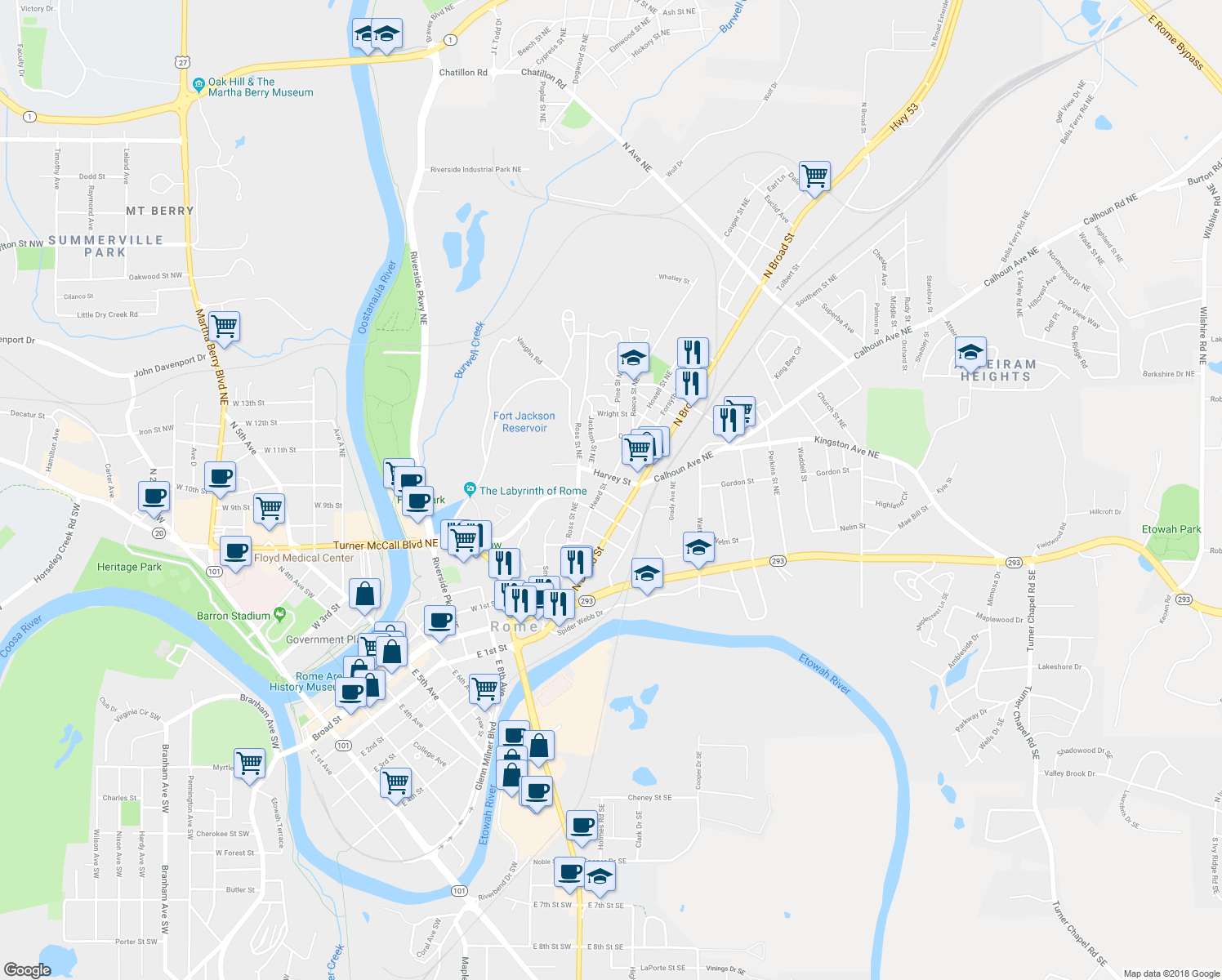 map of restaurants, bars, coffee shops, grocery stores, and more near 12 Russell Street in Rome