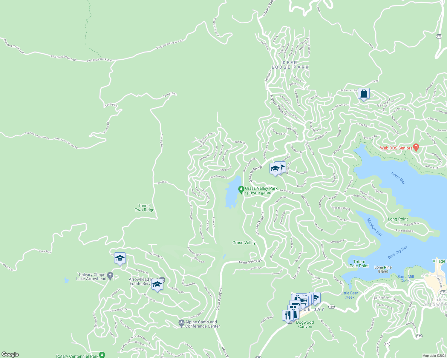 map of restaurants, bars, coffee shops, grocery stores, and more near 747 Brentwood Drive in Lake Arrowhead
