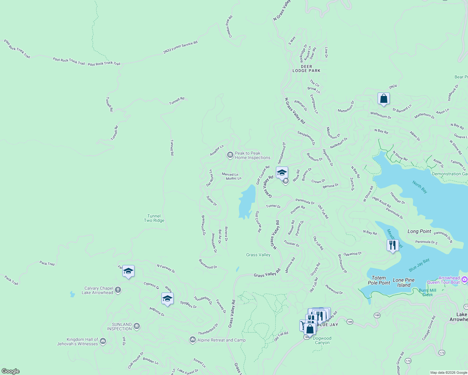 map of restaurants, bars, coffee shops, grocery stores, and more near 739 Brentwood Drive in Lake Arrowhead