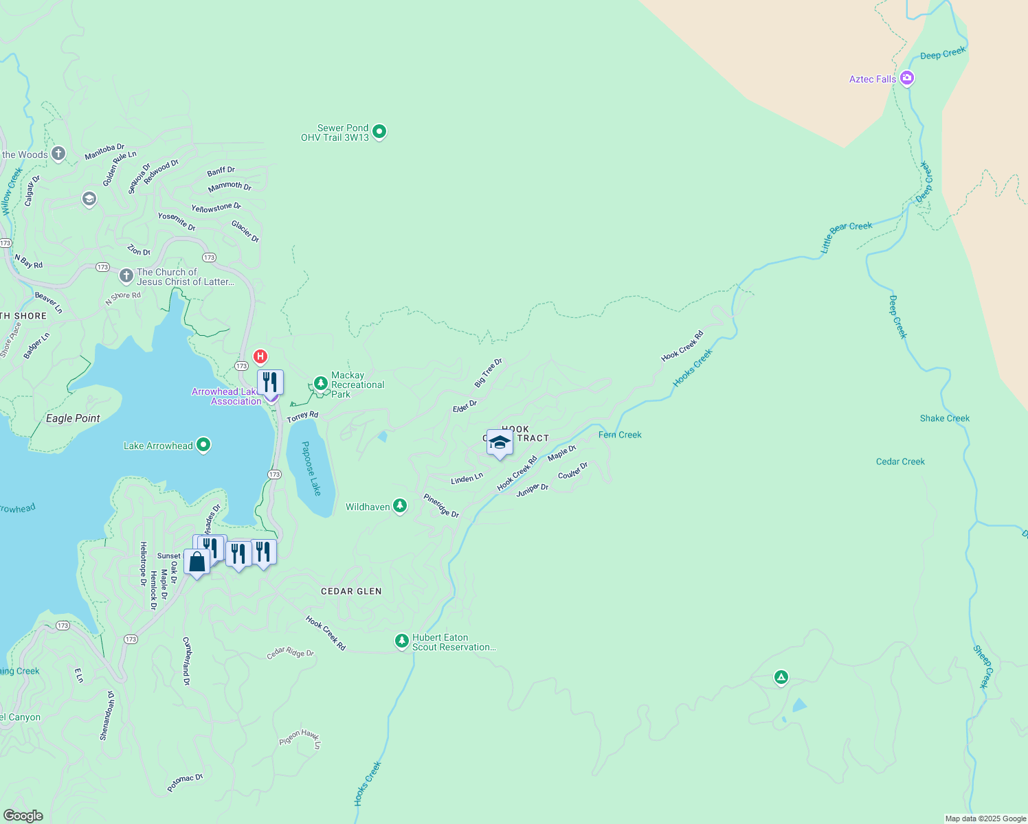 map of restaurants, bars, coffee shops, grocery stores, and more near 718 Cypress Road in Lake Arrowhead