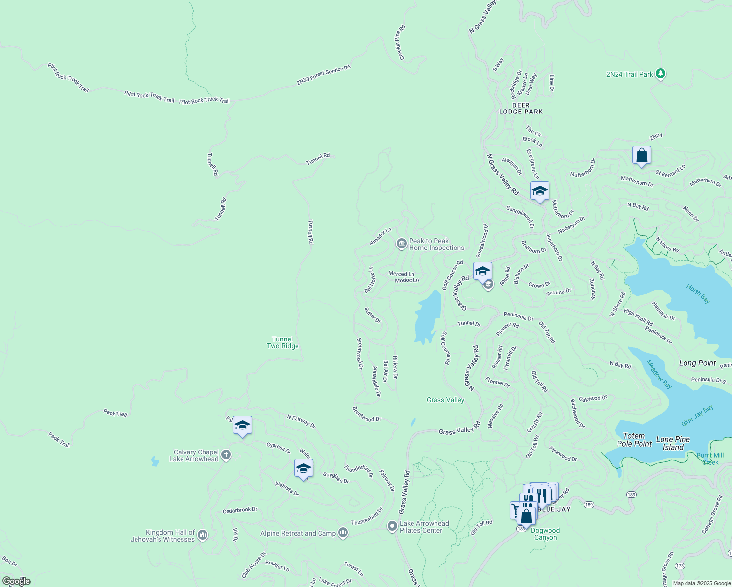 map of restaurants, bars, coffee shops, grocery stores, and more near 745 Del Norte Lane in Lake Arrowhead