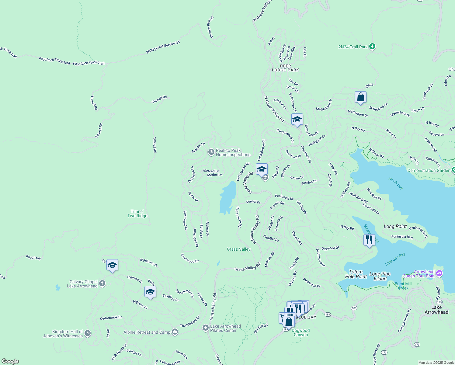 map of restaurants, bars, coffee shops, grocery stores, and more near 773 Brentwood Drive in Lake Arrowhead