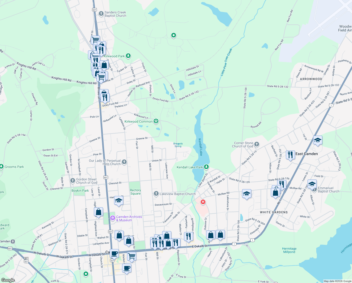 map of restaurants, bars, coffee shops, grocery stores, and more near 3 Kirkwood Lane in Camden