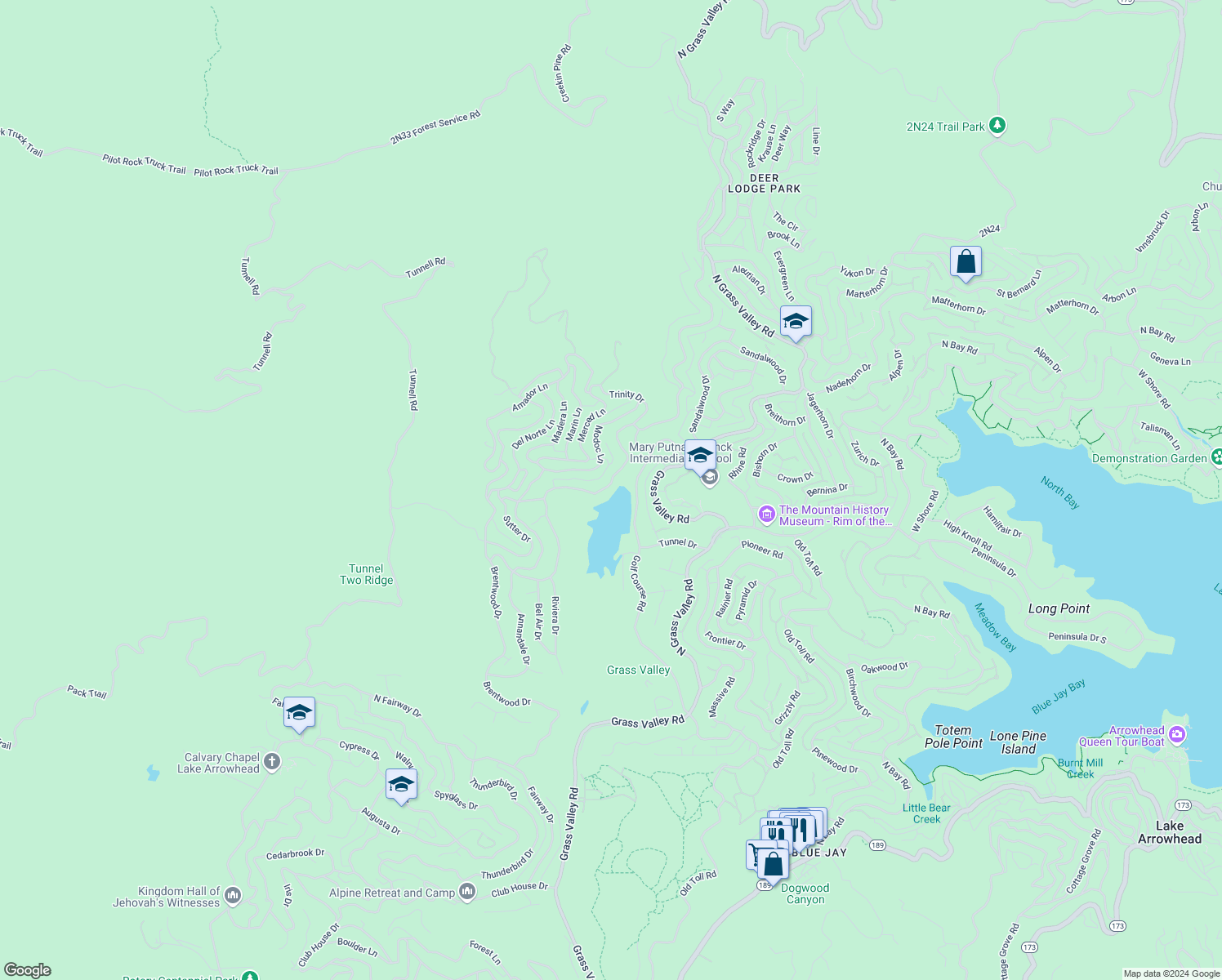 map of restaurants, bars, coffee shops, grocery stores, and more near 773 Brentwood Drive in Lake Arrowhead