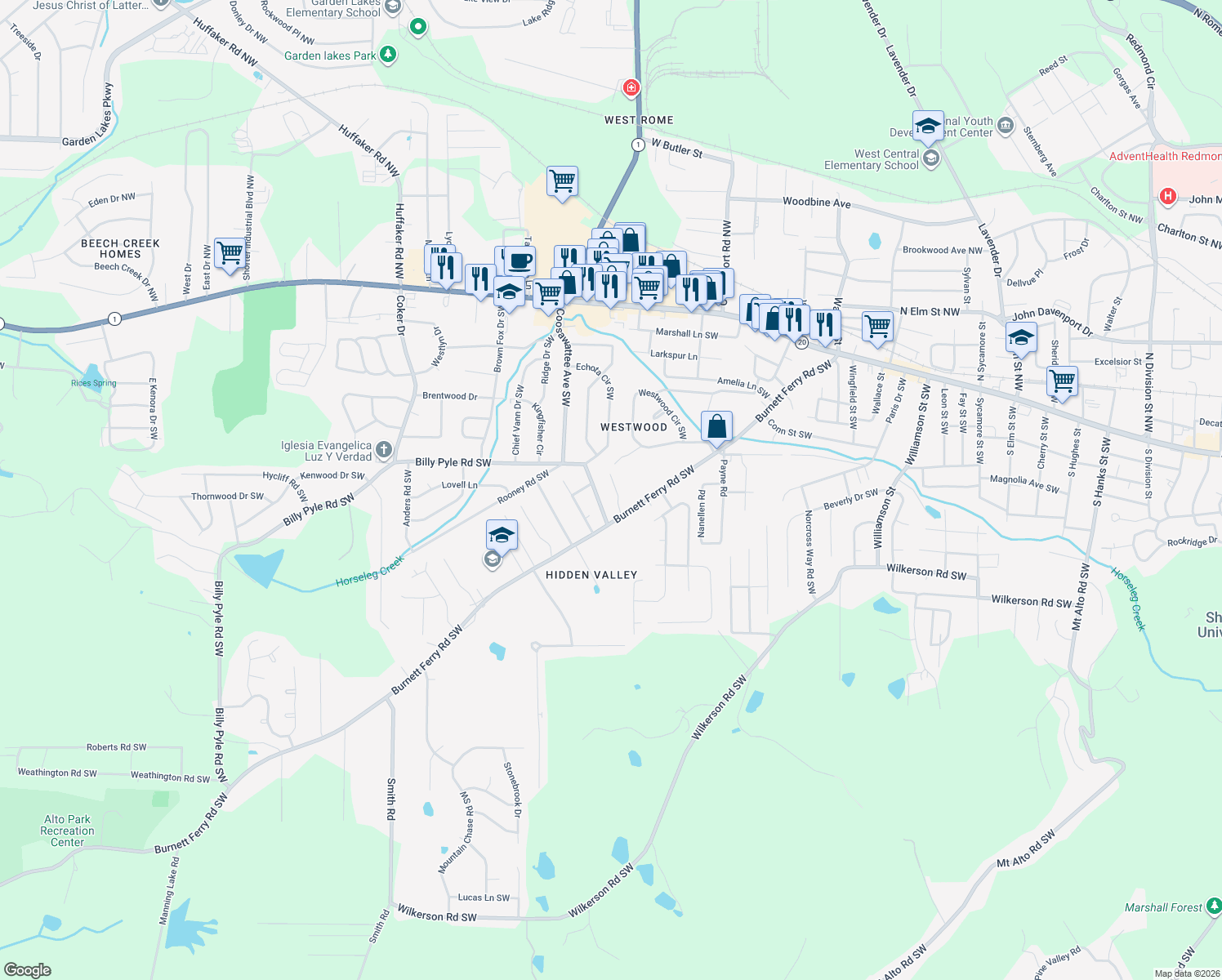 map of restaurants, bars, coffee shops, grocery stores, and more near 7 Burnett Circle in Rome