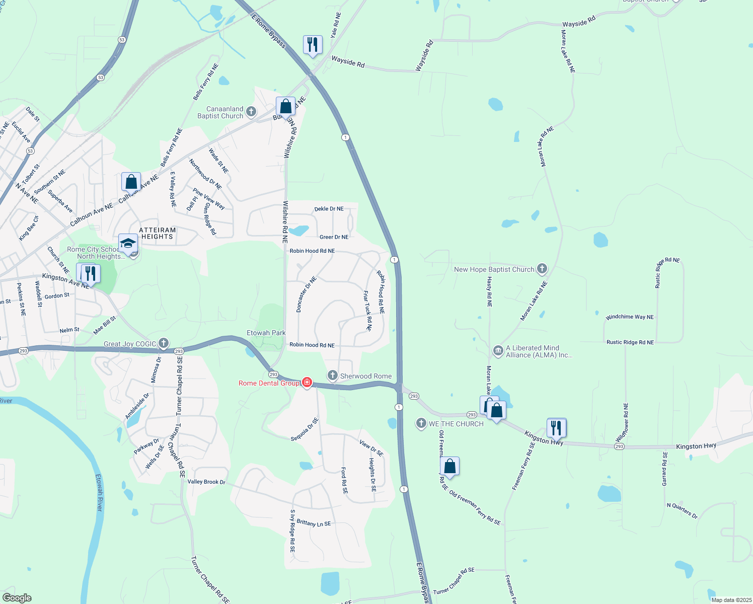 map of restaurants, bars, coffee shops, grocery stores, and more near 205 Robin Hood Road Northeast in Rome