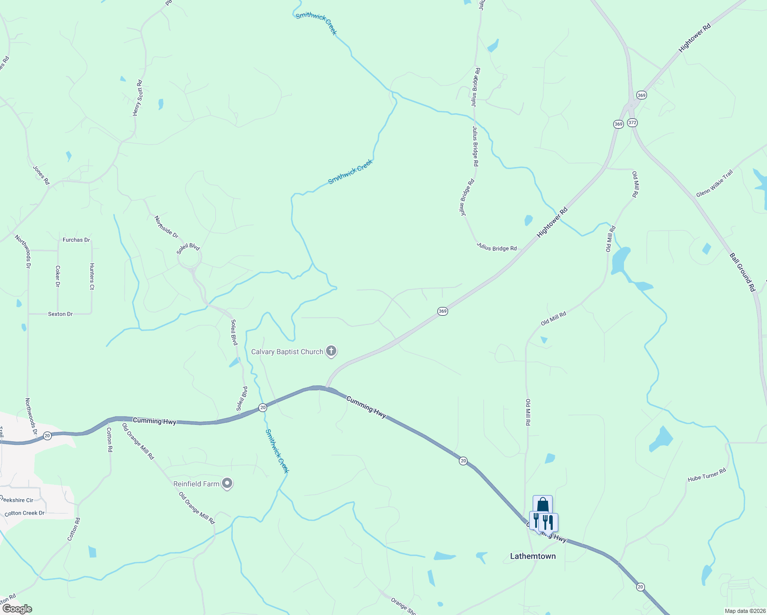 map of restaurants, bars, coffee shops, grocery stores, and more near 633 Forest Pine Drive in Ball Ground