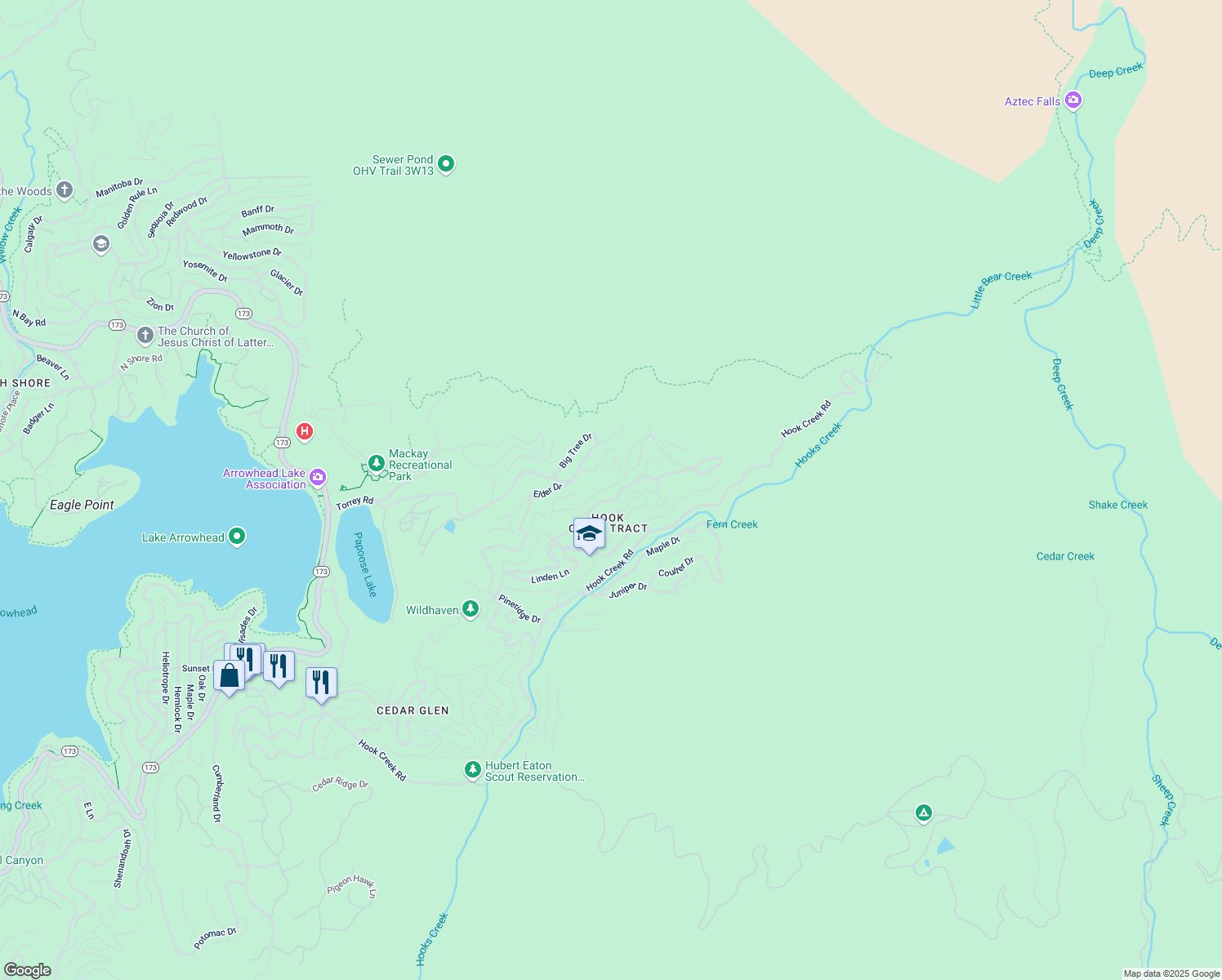 map of restaurants, bars, coffee shops, grocery stores, and more near 718 Cypress Road in Lake Arrowhead