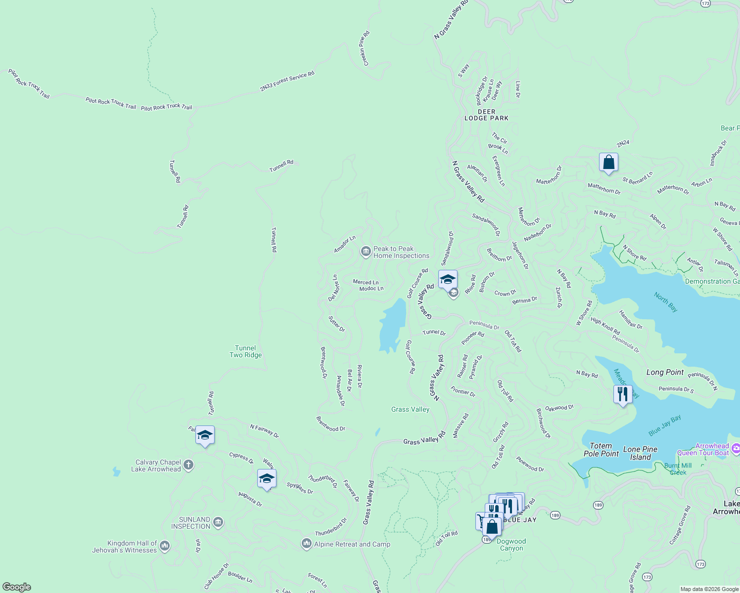 map of restaurants, bars, coffee shops, grocery stores, and more near 756 Brentwood Drive in Lake Arrowhead