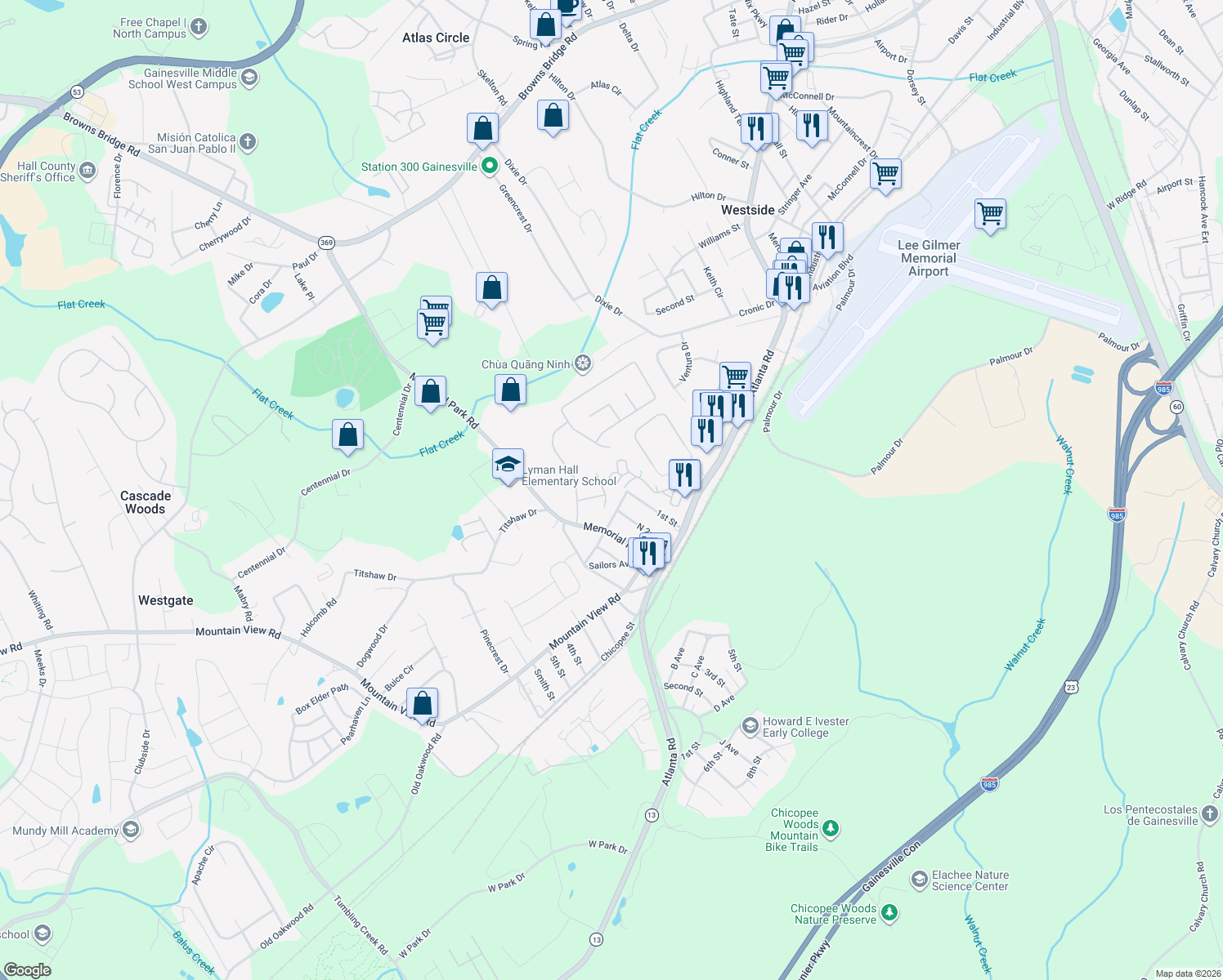map of restaurants, bars, coffee shops, grocery stores, and more near 2164 Luna Ln in Gainesville
