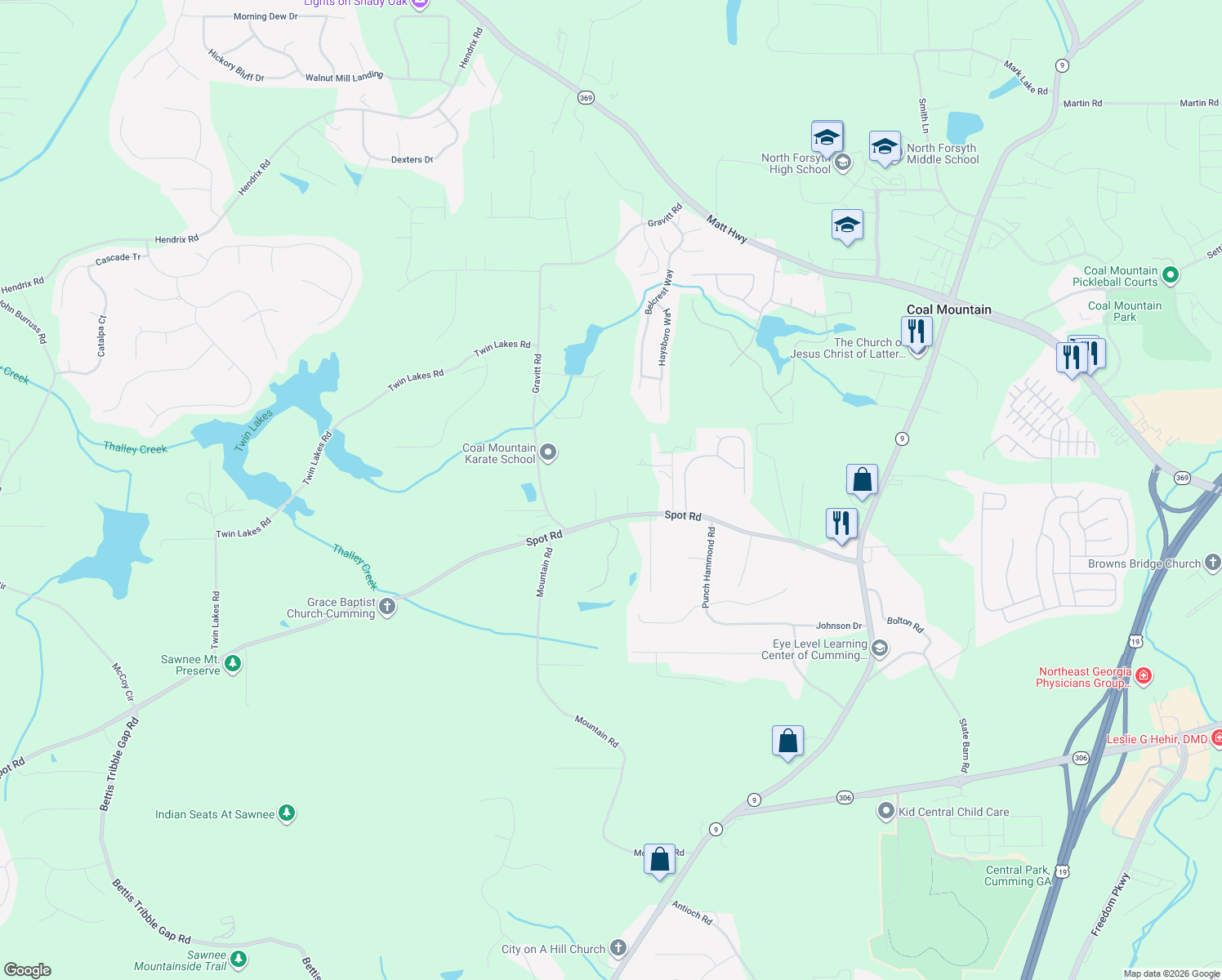 map of restaurants, bars, coffee shops, grocery stores, and more near 3474 Gravitt Rd in Cumming