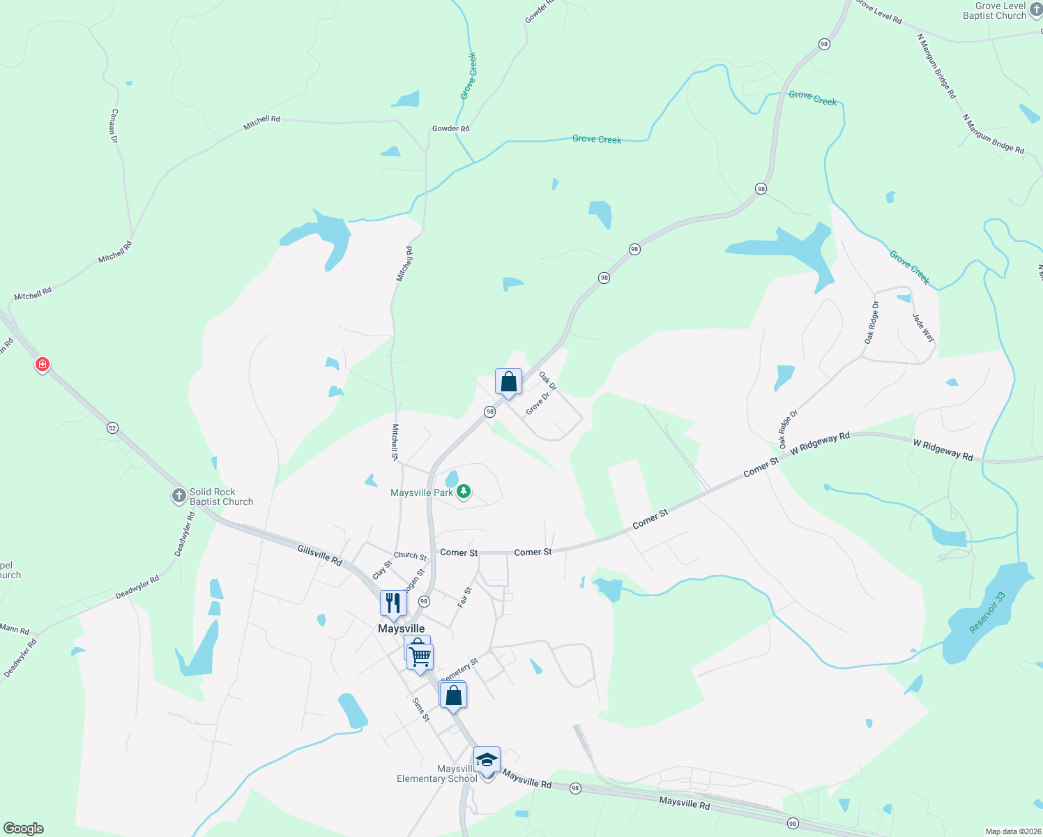map of restaurants, bars, coffee shops, grocery stores, and more near 201 Oak Dr in Maysville