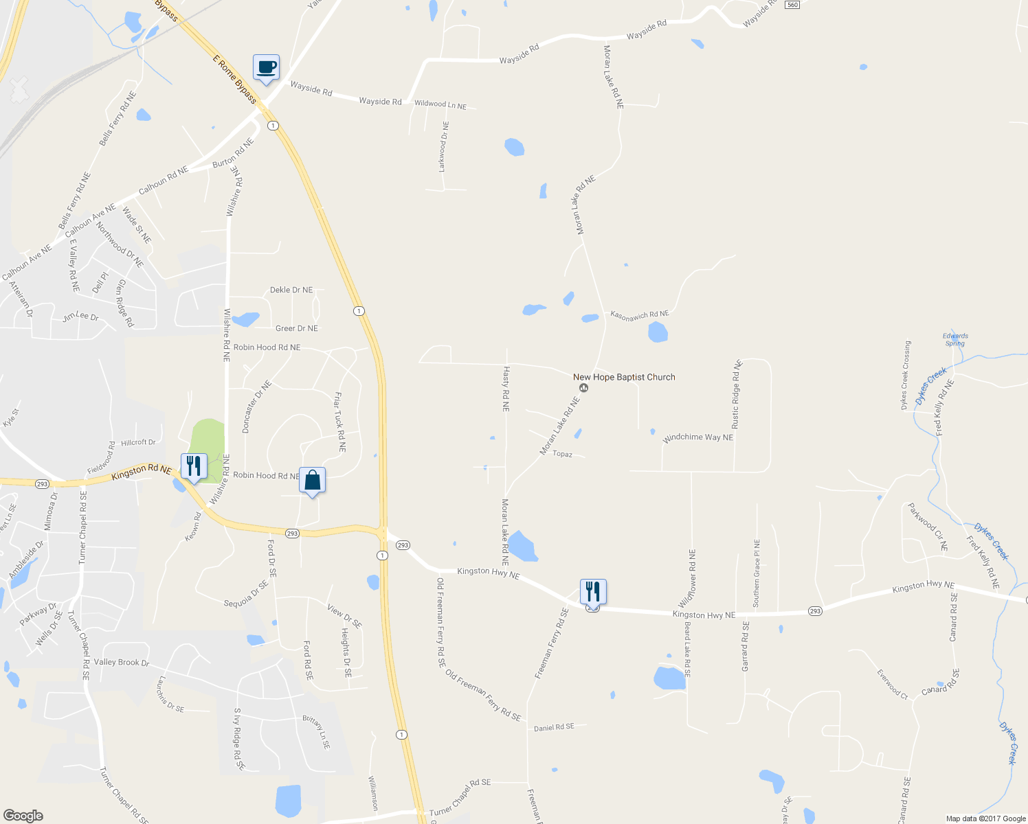 map of restaurants, bars, coffee shops, grocery stores, and more near 141 Hasty Road Northeast in Rome