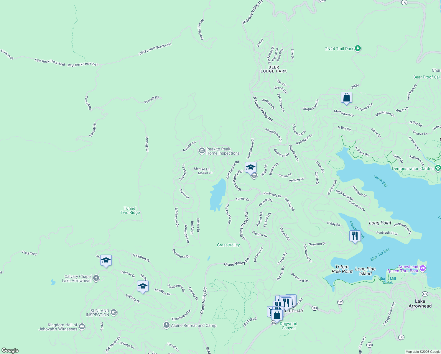 map of restaurants, bars, coffee shops, grocery stores, and more near 781 Brentwood Drive in Lake Arrowhead