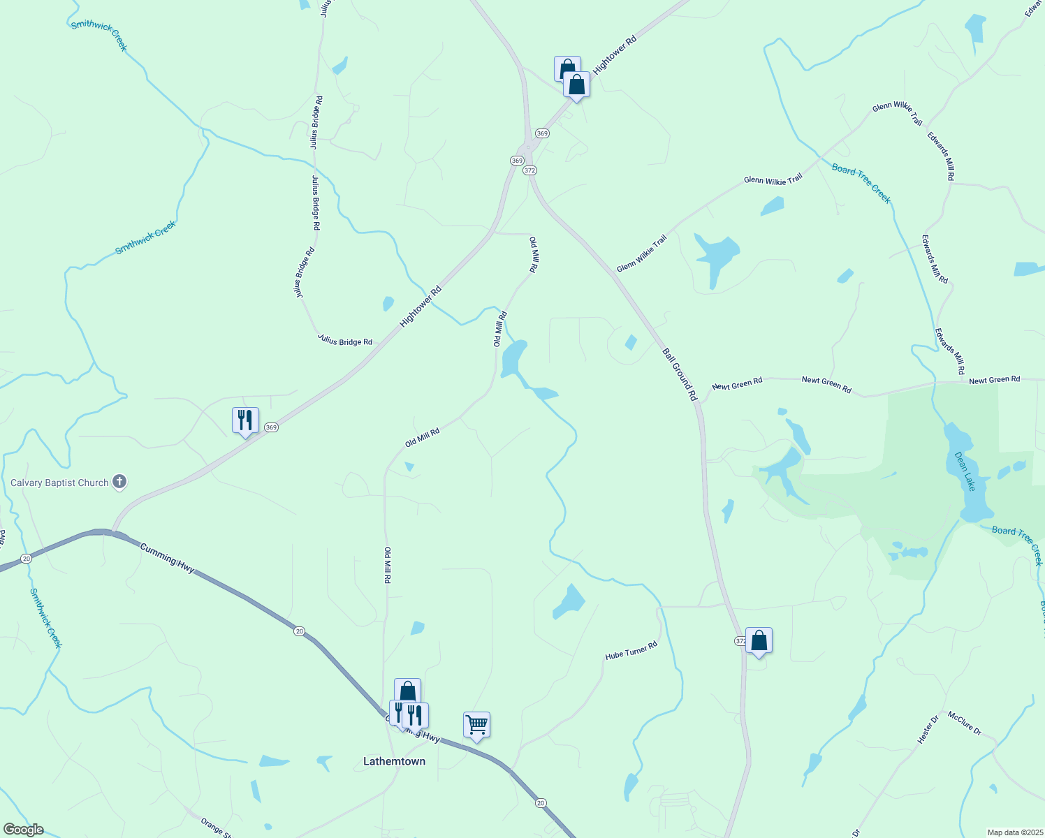 map of restaurants, bars, coffee shops, grocery stores, and more near 805 Old Mill Court in Ball Ground