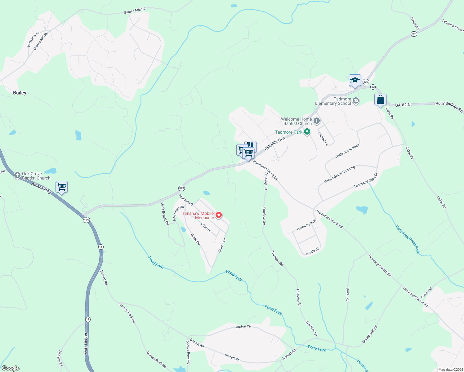 map of restaurants, bars, coffee shops, grocery stores, and more near 2960 River Birch Lane in Gainesville