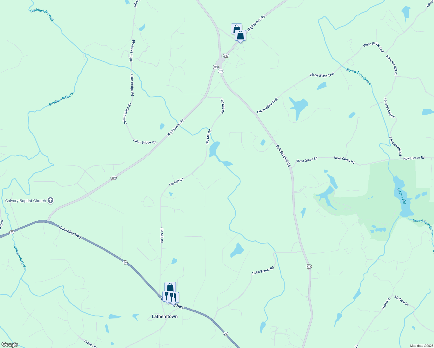 map of restaurants, bars, coffee shops, grocery stores, and more near 805 Old Mill Court in Ball Ground