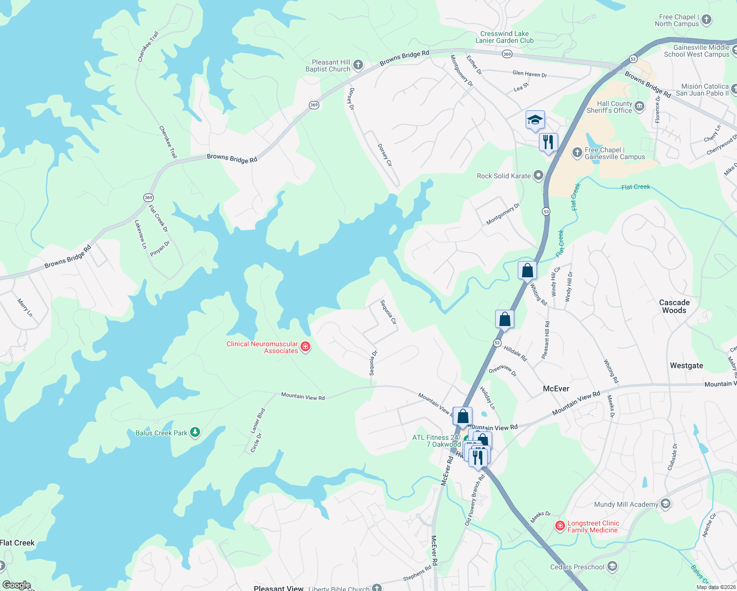 map of restaurants, bars, coffee shops, grocery stores, and more near 4596 Sequoia Cir in Oakwood