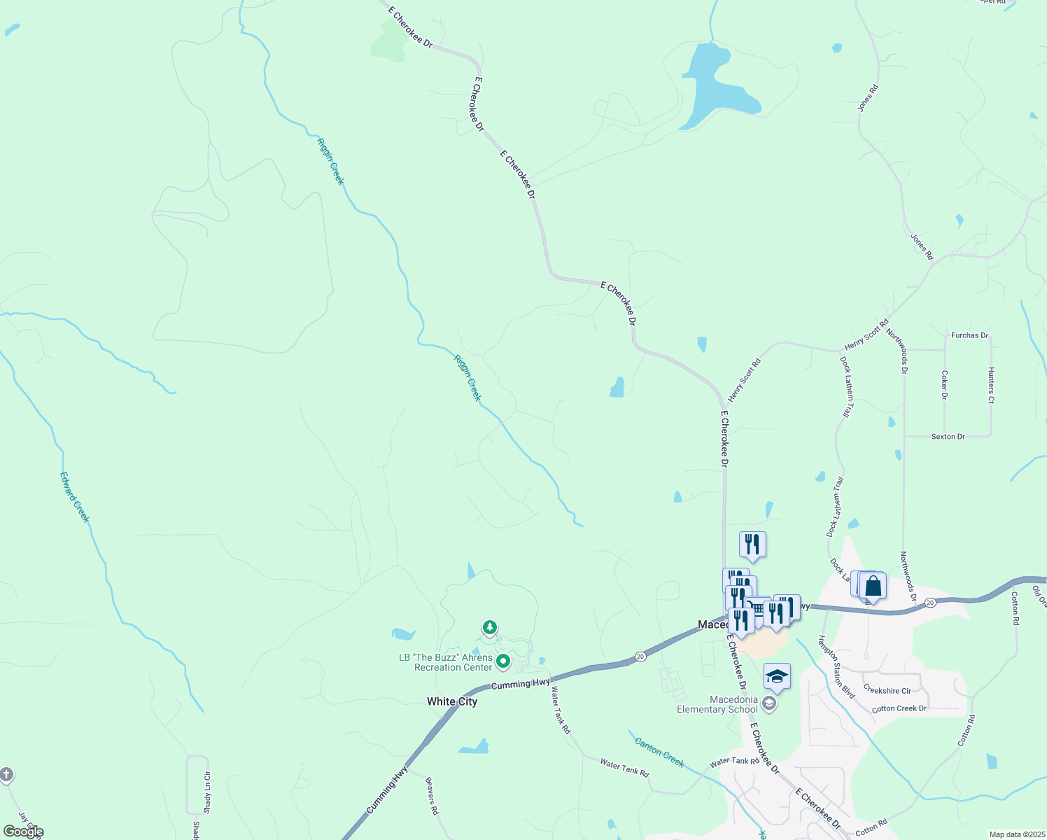 map of restaurants, bars, coffee shops, grocery stores, and more near 201 Saddlehorn Trail in Ball Ground