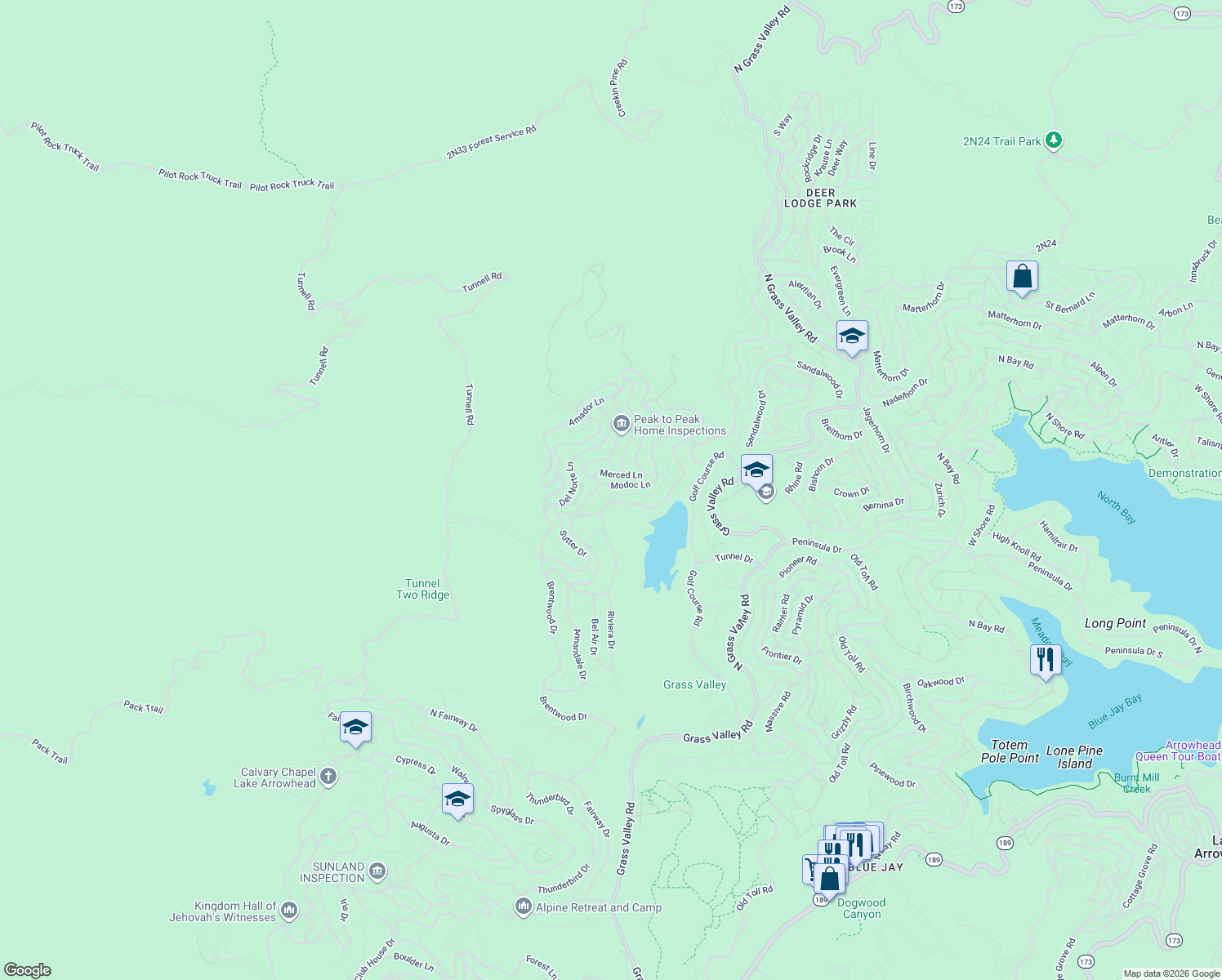 map of restaurants, bars, coffee shops, grocery stores, and more near 26669 Modoc Lane in Lake Arrowhead