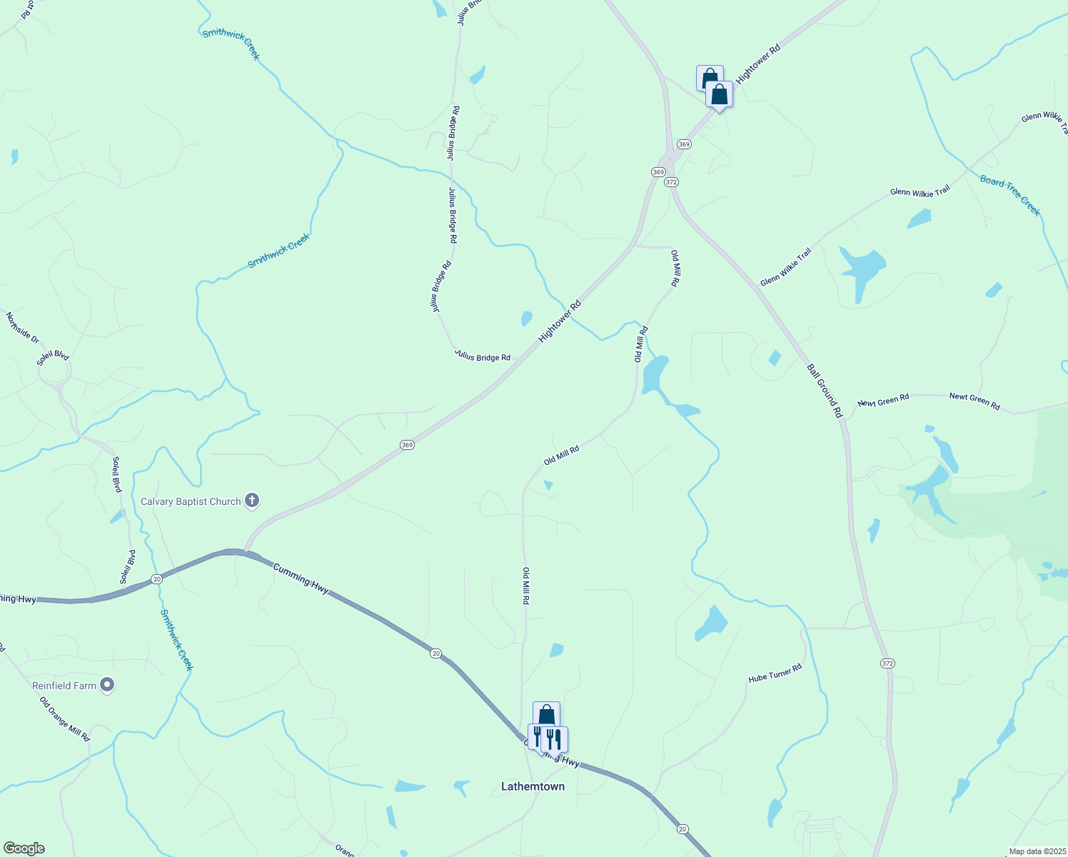 map of restaurants, bars, coffee shops, grocery stores, and more near 1251 Old Mill Road in Ball Ground