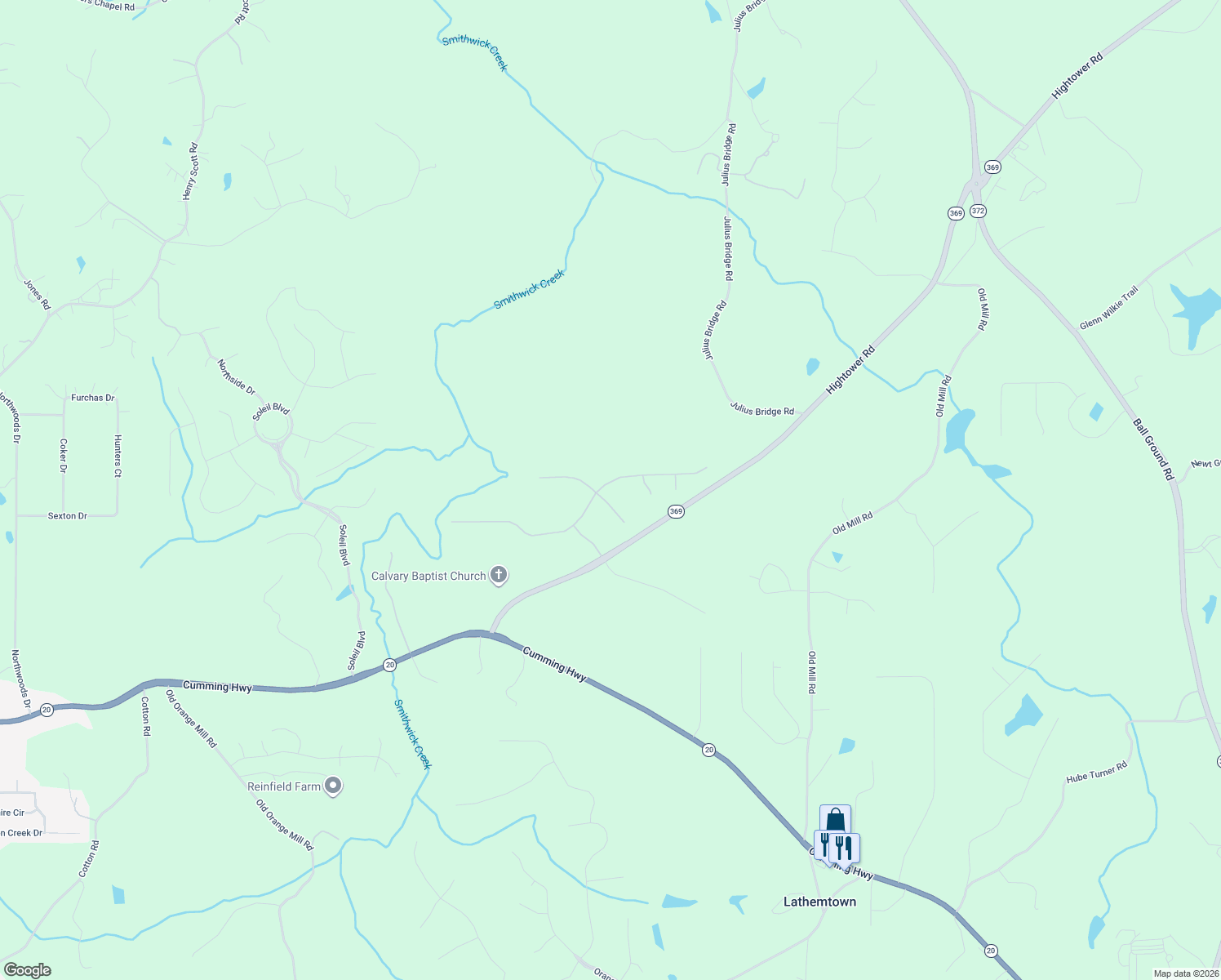 map of restaurants, bars, coffee shops, grocery stores, and more near 634 Forest Pine Drive in Ball Ground