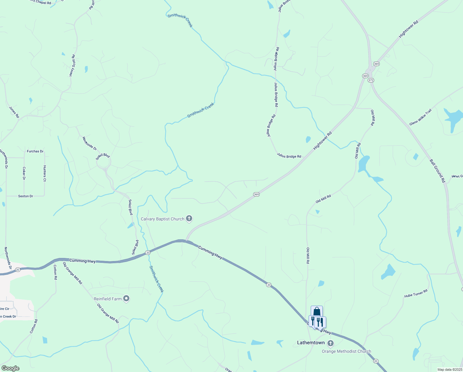 map of restaurants, bars, coffee shops, grocery stores, and more near 634 Forest Pine Drive in Ball Ground